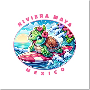 Riviera Maya Mexico Girls Cute Surfing Sea Turtle Posters and Art